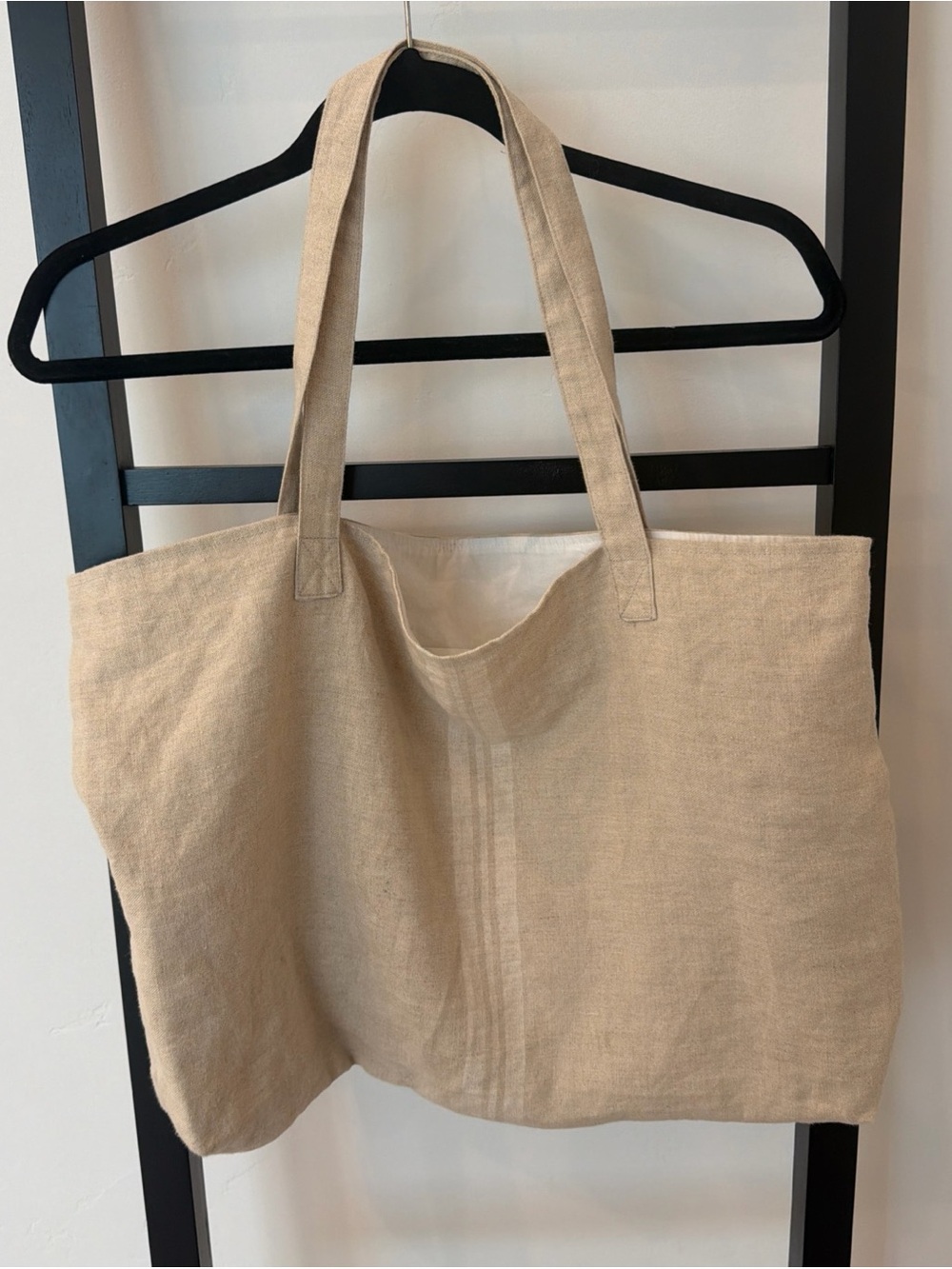 Neutral Natural stripe 100% French Linen Tote Bag with Double Straps